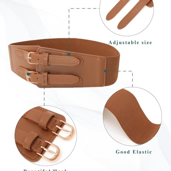 Elastic Wide Waist Belt Women Vintage Cinch Belt Double Buckle Stretchy Corset - Picture 4 of 7